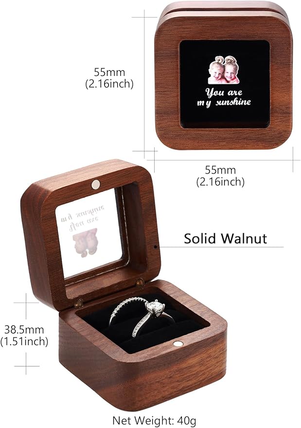 Custom4U Wooden Ring Box 2 Slots with Photo Personalized Vintage Square Wedding Holder for Proposal Custom Ring Bearer for Ceremony Jewelry Gift