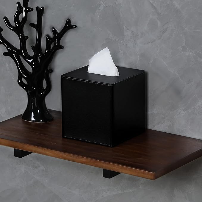 GOLRANLYE Tissue Box Cover Square PU Leather Facial Tissue Box Holder for Dresser Bathroom Decor (Black)