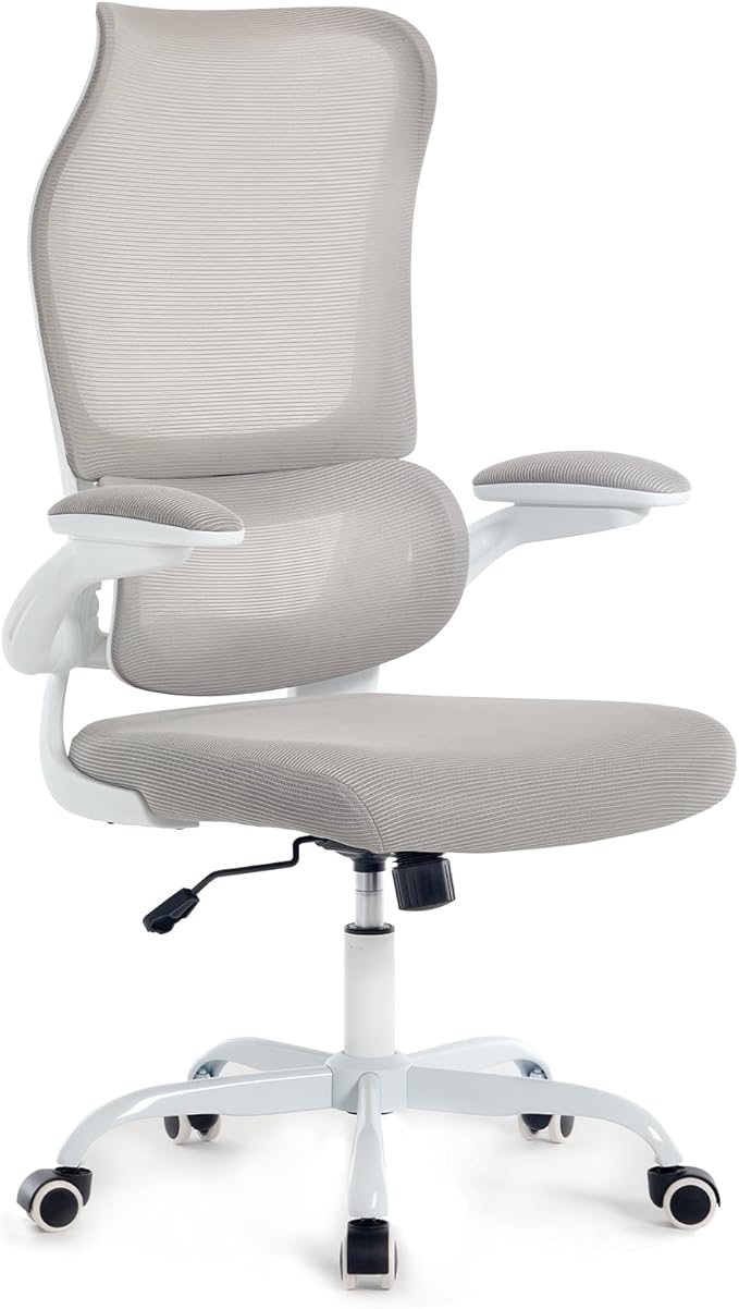 Ergonomic Office Chair, High Back Breathable Mesh Computer Desk Chair with Adjustable Lumbar Support and Flip-Up Armrests, 300LB Capacity Executive Swivel Task Gaming Seat for Home and Office (White)