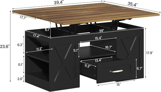 kepptory 39.4'' Lift Top Coffee Table with Storage, 4 in 1 Multi-Function Convertible Coffee Tables for Living Room, Farmhouse Coffee Table with Open Storage Compartment & Drawers (Brown&Black)