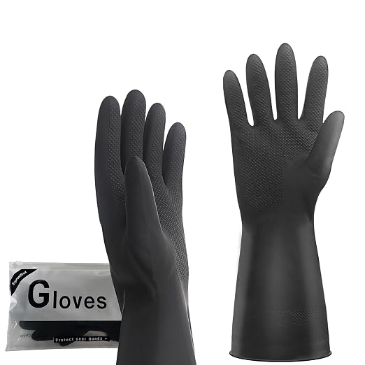 Heavy-Duty Thick Black Rubber Cleaning Gloves, 3 Pairs, M | Reusable & waterproof black/orange dual layers. Non-slip design for dishwashing, kitchen cleaning, and auto care.