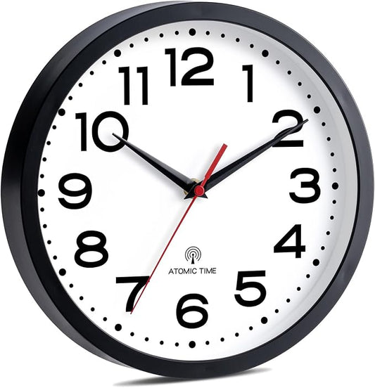 Roymnie Atomic Wall Clock 12 Inch, Modern Clock Battery Operated Classic Analog Decorative for Kitchen, Living Room, Office, Bedroom, Bathroom (Black)