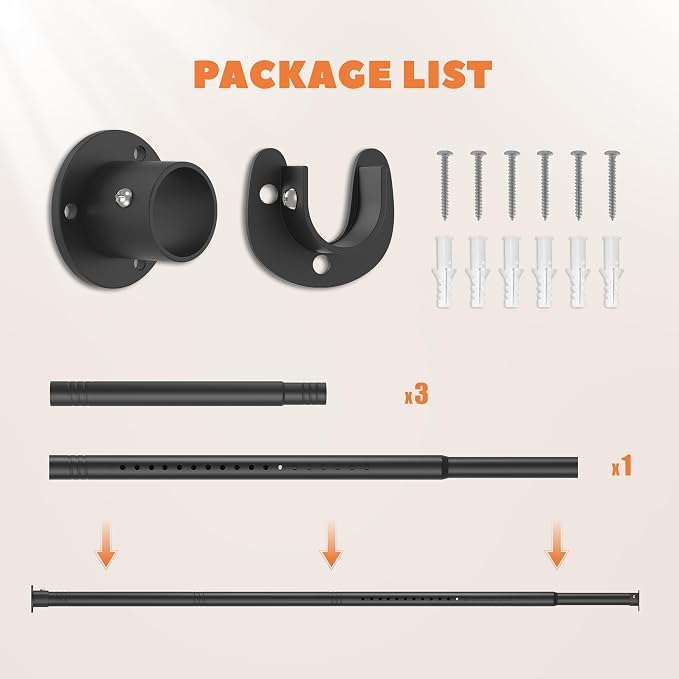 Closet Rod 17-63 Inches, Adjustable Heavy Duty Black Metal Closet Rods for Hanging Clothes, 1.3 Inch Diameter with Wall Brackets for Wardrobes, Laundry Room