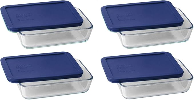 Pyrex 7210 3-Cup Glass Dish & 7210-PC Dark Blue Lid (4-Pack) - Made in USA