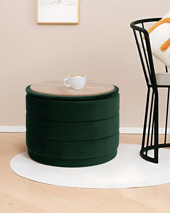 B FSOBEIIALEO Round Velvet Storage Ottoman with Tray, Folding Ottoman with Storage Coffee Table Foot Rest for Dorm Room, Living Room Bottle Green, 22.83"x22.83"x17.32"