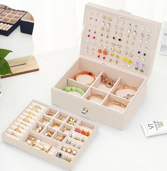 QBestry Girls Jewelry Box Earring Holder Organizer for Girls Jewelry Organizer Box Stud Earrings Organizer for Girl Womens Beige Jewelry Box for Earrings and Necklaces Rings Stud Earring Box for Teen
