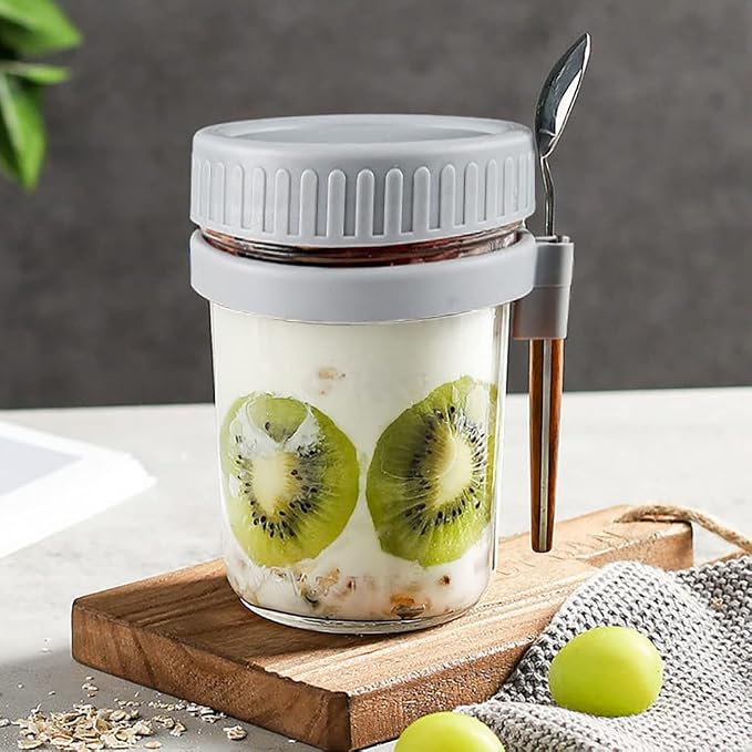 Overnight Oats Containers with lids and spoon Set of 2 Jars 12oz Airtight Container with Measurement Marks, Reusable On The Go Cups for Cereal Yogurt, Milk, Salads, Fruit(White)
