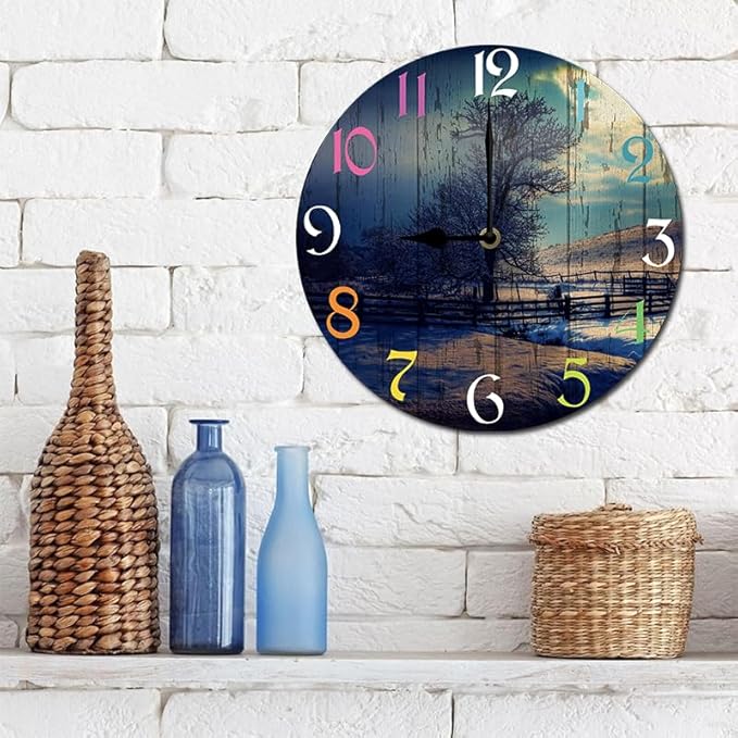Winter Scenery Wall Clock 10 Inch Silent Non Ticking Battery Operated Wooden Modern Office Simple Minimalist Clock Decorative for Kitchen Home Bathroom Living Room