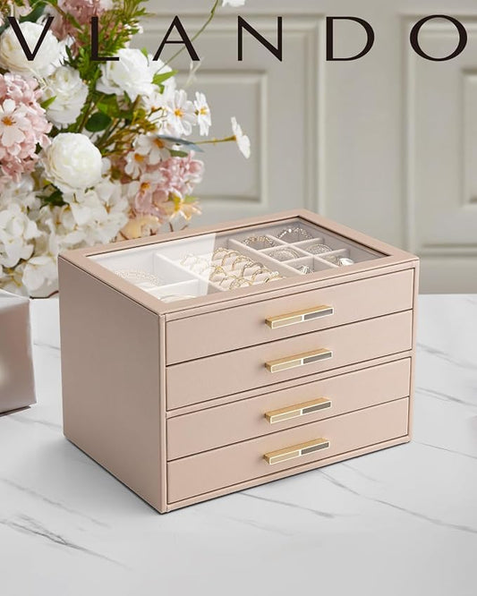 VLANDO 4 Layer Jewelry Box for Women, Mothers Day Gifts for Women, Glass Lid Jewelry Organizer with 4 Drawers for Necklaces Rings Earrings Bracelets - Toffee