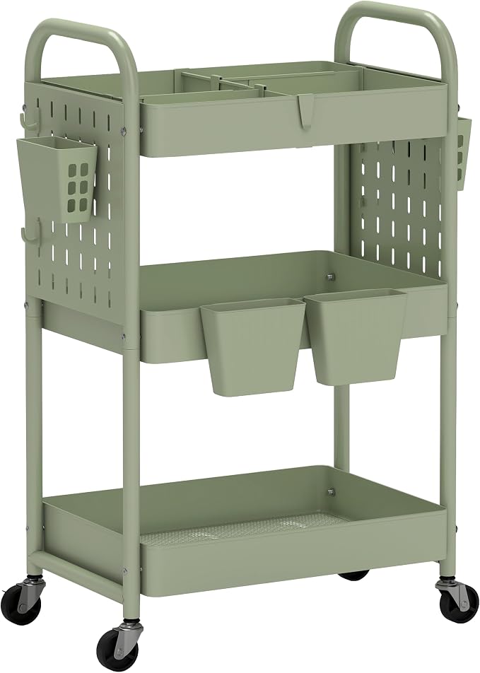 danpinera 3 Tier Rolling Cart with Retractable Dividers, Multi-Functional White Rolling Utility Cart with Pegboards, Hooks & Hanging Cups for Nursery, Living Room, Studio