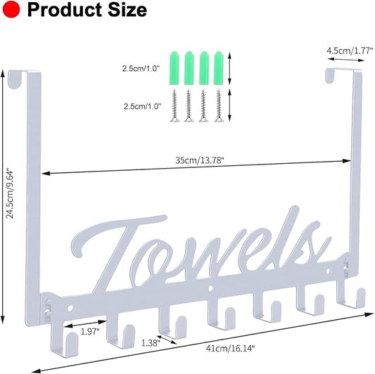 Azmoncy Over The Door Hooks, Towel Rack for Bathroom Towel Holder for Hanging Heavy Duty, Over Door Towel Hanger with 7 Coat Hooks for Bedroom Bathroom Kitchen Towels, Silver