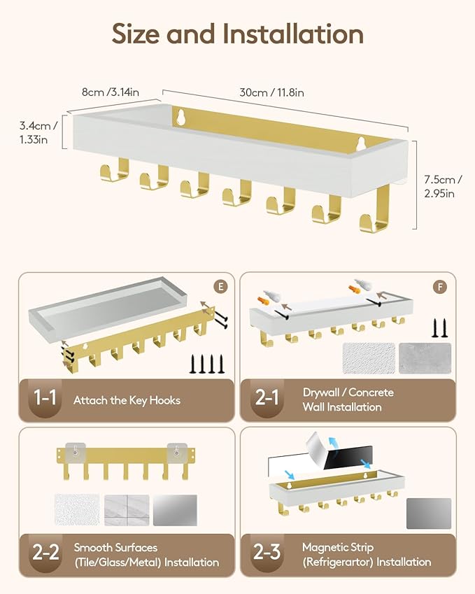 Key Holder Wall Mount Adhesive Magnetic - Hanging Key Hooks with Mail Organizer Tray for Wallet House - Keys Hanger Rack with Shelf for Camper Entryway Door Home Living Room Decor Large Gold White