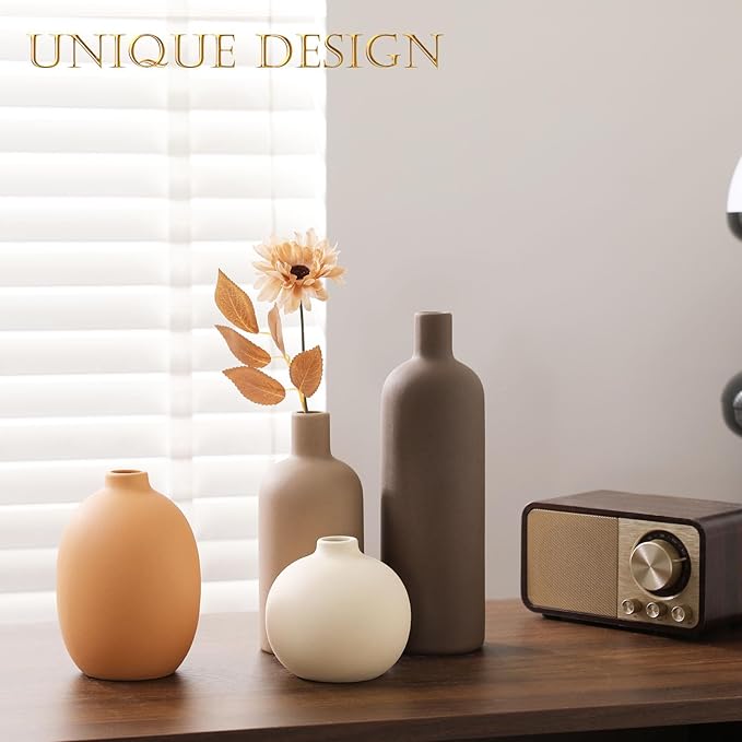 Ceramic Vase Set of 4 - Handcrafted Ceramic Vases for Home Decor & Shelf - Modern Farmhouse Decor for Kitchen, Office, Bedroom & Living Room Decorative Objects for Mantel, Table Centerpieces