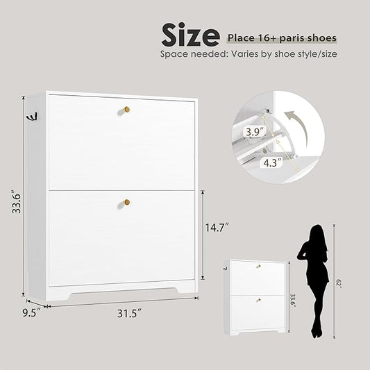 Nicetree Shoe Cabinet with 2 Flip Drawers, Narrow Shoe Organizer Cabinet, Freestanding Shoe Rack Cabinet, Modern Shoe Storage Cabinet for Entryway, Hallway, Foyer, White with Hook