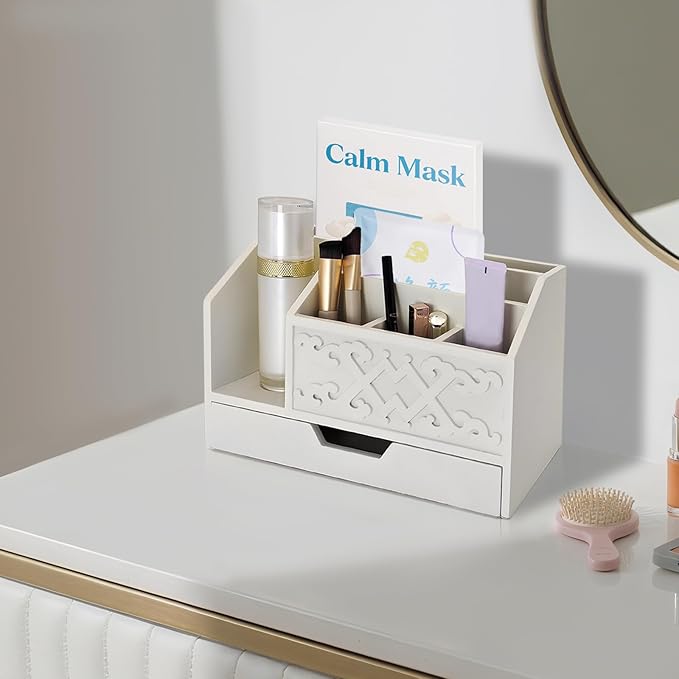 White Wooden Mail Organizer with Drawer, Three Tiered Desk Accessories for Office Organization and Storage, Stylish Countertop Document Storage, Home/Office/Classroom Supplies (White03)