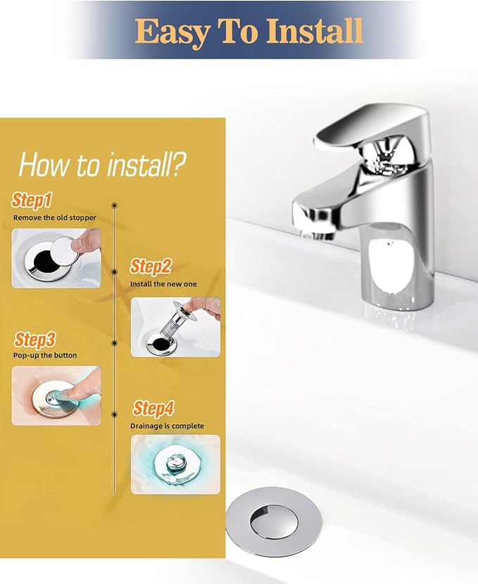 Bathroom Sink Drain Strainer, Universal Pop-up Sink Stopper with Removable Hair Catcher & Stainless Steel Filter Basket, Anti-Clog Drain Protector Fits Most US Standard Bathroom Sinks