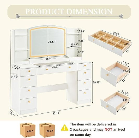55" Vanity Desk with Mirror and Lights, Makeup Vanity with Power Outlet, White Vanity with 9 Drawers & 6 Storage Shelves for Bedroom