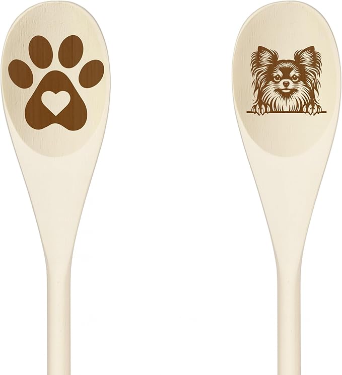 LONG HAIRED CHIHUAHUA Wooden Spoons for Cooking, Serving or Decorative Kitchen Utensils Set Dog Lover Dog Mom/Dad Gift with Peeking Dog Designs, Paw Print and Dog Head, Kitchen Utensils Set of 2