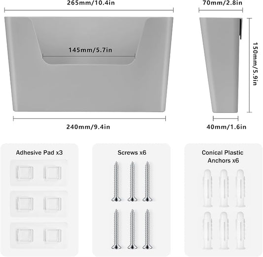 JOMOLA No Drilling File Holder 3 Pack Mail Organizer Wall Mount File Organizer Holder Office Wall Hanging Files Magazines Organizer Plastic Door Mount Wall Pocket with Adhesive Pad, Grey Color