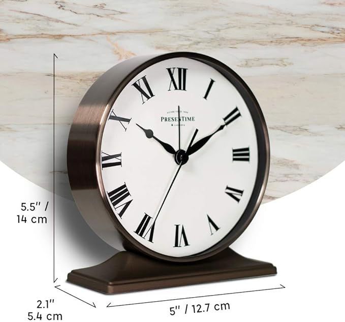 Presentime & Co Lewis Mantel Alarm Clock, Desk and Shelf Clock, Tabletop Decoration, 5.5 x 5 inch, Silent no Ticking, Metal Base, Bronze Finish, Roman Numeral