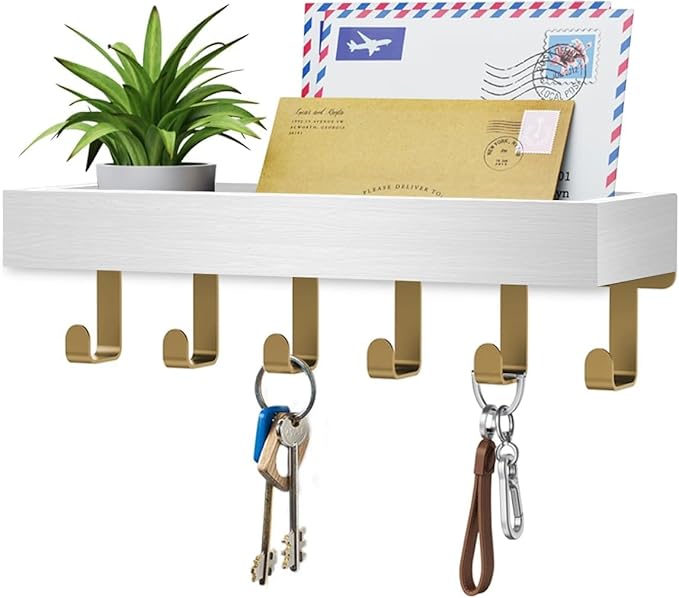 Key Holder Wall Mount Adhesive Magnetic - Hanging Key Hooks with Mail Organizer Tray for Wallet House - Keys Hanger Rack with Shelf for Camper Entryway Door Home Living Room Decor Gold White