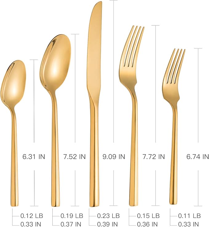 Kelenfer Silverware 45-Piece Gold Flatware Set with Serving Utensils Stainless Steel Thick Heavy Mirror Polished Cutlery Set for Wedding Hotel Restaurant, Service for 8