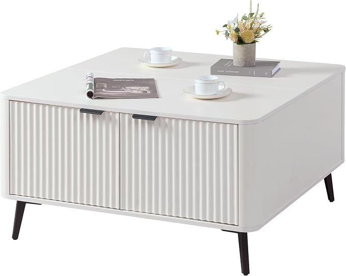 Fatmok Large Lift Top Coffee Table with Hidden Compartment, 35.4" Wide Oversized Square Coffee Table with Storage, Mid Century Modern Fluted Center Table for Home Living Room, White