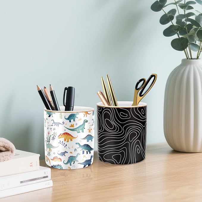 WAVEYU Pen Holder, Pencil Cup for Desk, Cute Makeup Brush Holder, Durable Ceramic Organizer Decor for Room, Office, Classroom, Cute Dinosaur Pattern