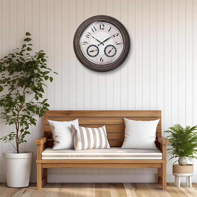Presentime & Co. 18 Inch Illuminated Outdoor Clock, Waterproof Lighted Large Wall Clock with Thermometer & Hygrometer, Elegant & Vintage Home Decor for Garden, Patio, Pool, Grey Oak Finish
