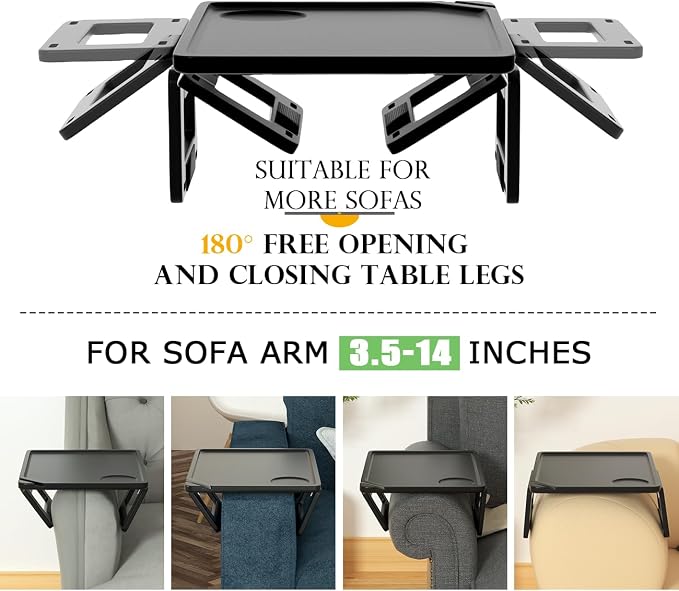 Smatdecis Couch Arm Tray Table Sofa Arm Clip Table, Armrest Tray Table Suitable for Home Drinks/Fast Food/Fruit Etc, Large Size Multi-Function Black