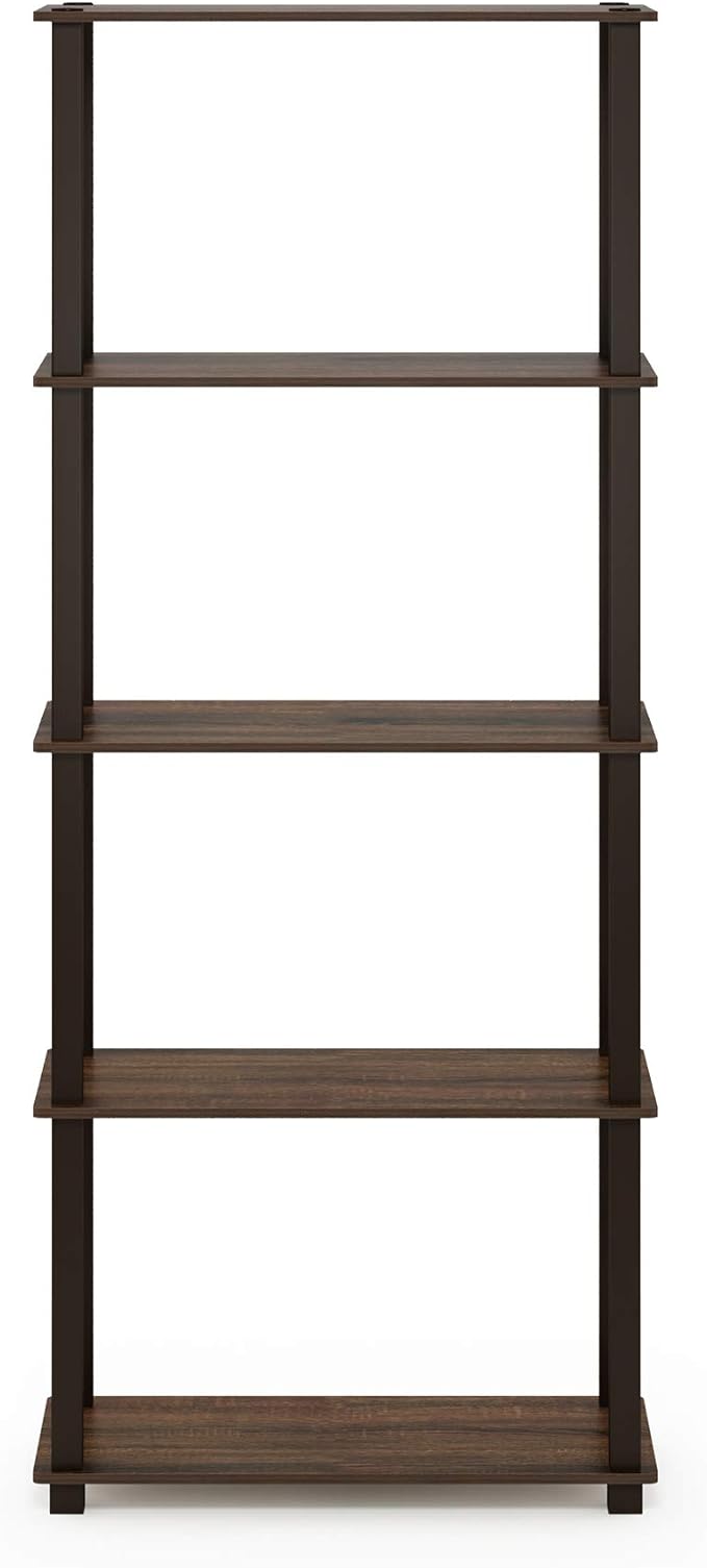 Furinno TURN-S-TUBE Book Shelf, 5-Tier Toolless Storage Shelves with Square Tubes, Shelving Unit for Organization and Storage for Living Room, Home Office, Walnut