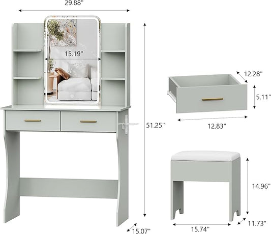 Small Vanity Desk with Mirror and Lights, Makeup Vanity with LED Lights, Green Vanity Mirror with Lighted Desk and Chair, 3 Lighting Adjustable Compact Dressing Table with Mirror for Women, Girls