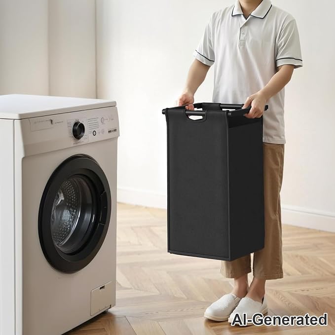 Herture Laundry Hamper with Shelf, Laundry Basket 3 Section, Laundry Sorter with Pull-Out Removable Large Bags and Movable Wheels, Metal Frame, 3 x 15.87 Gallons (60L), Black and Gray PF04XLC