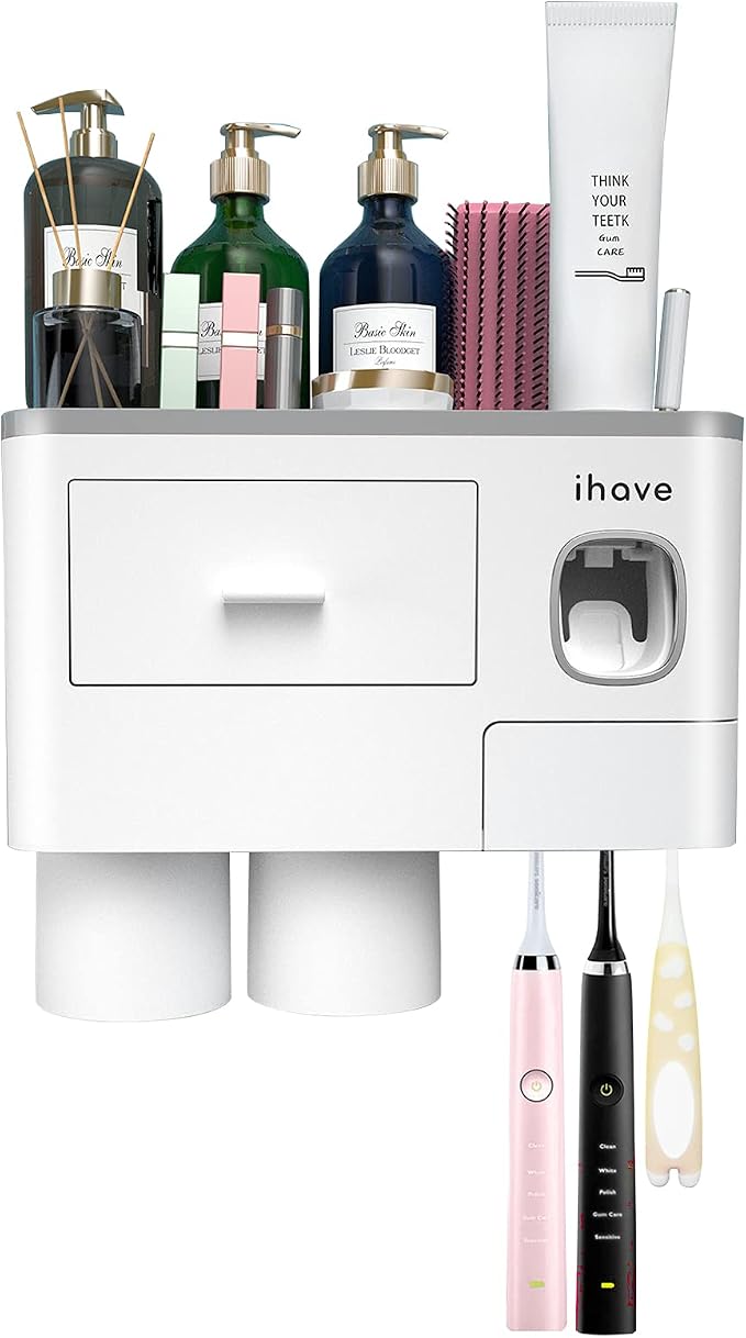 iHave Toothbrush Holders for Bathrooms, 2 Cups Toothbrush Holder Wall Mounted with Toothpaste Dispenser - Large Capacity Tray, Cosmetic Drawer - Bathroom Decor & Bathroom Accessories