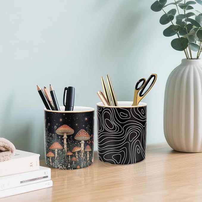 WAVEYU Pen Holder, Pencil Cup for Desk, Cute Makeup Brush Holder, Durable Ceramic Organizer Decor for Room, Office, Classroom, Cute Mushroom Pattern