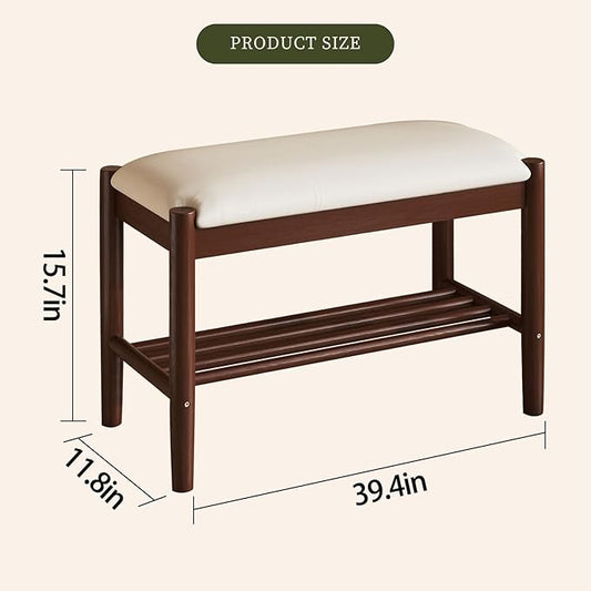 Solid Wood Shoe Bench with Cushion, 2-Tier Shoe Rack for Front Door Entrance, Enterway Benches with Shoe Storage (Walnut, 39.4in)