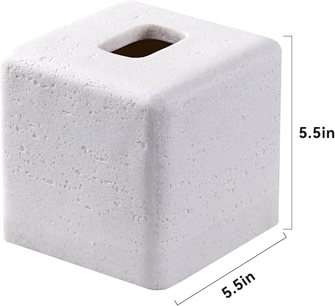 White Sandstone Tissue Box Cover Square for Home Decor,Resin Heavy Tissue Box Holder for Bathroom Countertop,Tabletop,Bedside Table,Office (Handmade of Resin)