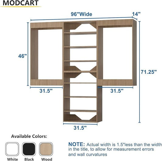 Modular Closet System, 96" Wide Closet Organizer System with Hanging and Towers, Wood Tower Closet Storage for Walk In Closets, Wall Mounted Wardrobe Organizer Kit System, Bedroom, Wood