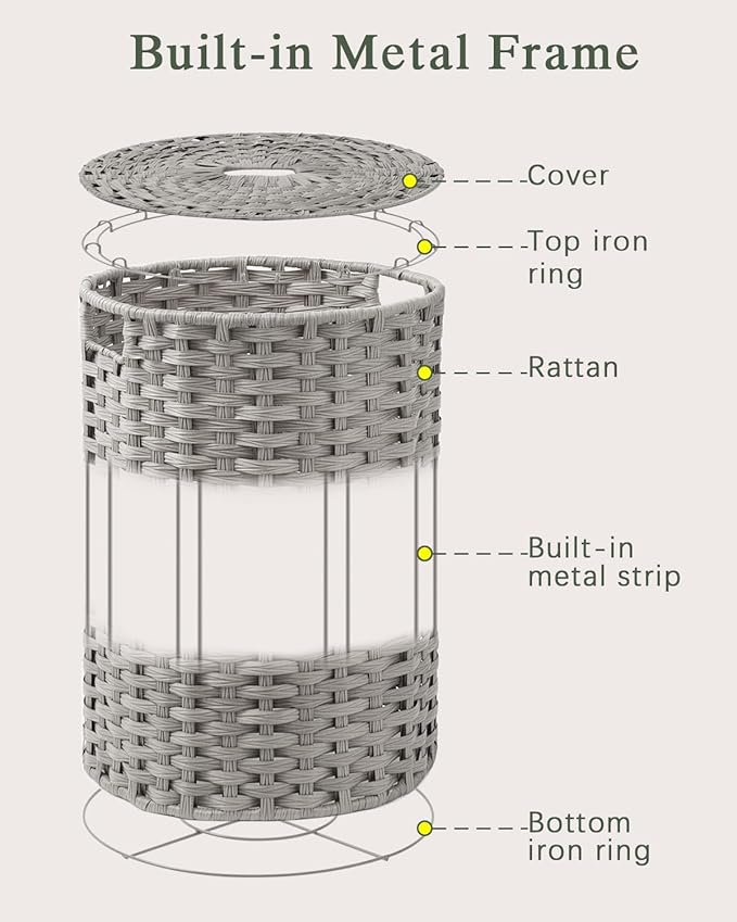 SETVSON Laundry Hamper with Lid Laundry Basket with Lid 19.0 Gal (72 L) Round Laundry Basket Handwoven Rattan Basket with Lid Removable Bag 2 Mesh Bags Handles for Living Room Bathroom Gray
