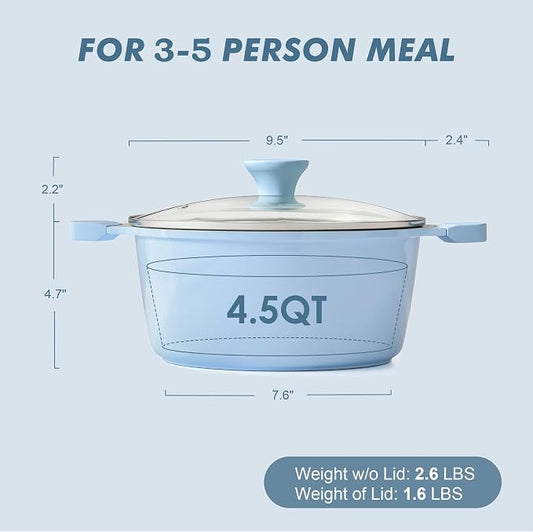 SENSARTE Ceramic Nonstick Stock Pot with Lid, 4.5 Quart Induction Cooking Pot with Tempered Glass Lid, Stew Pot for Soup and Oatmeal, Pasta Casserole, PFOA PFAS PTFE Free, Blue