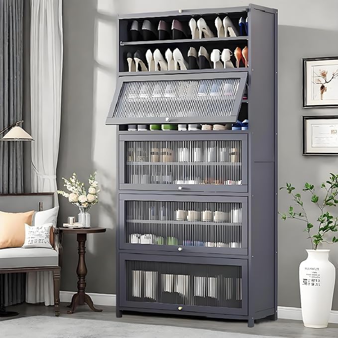Tall Bamboo Shoe Cabinet with Doors, 10-Tier Shoe Rack for Closet, Freestanding Shoe Storage Cabinet for Hallway Living Room (Grey-05)