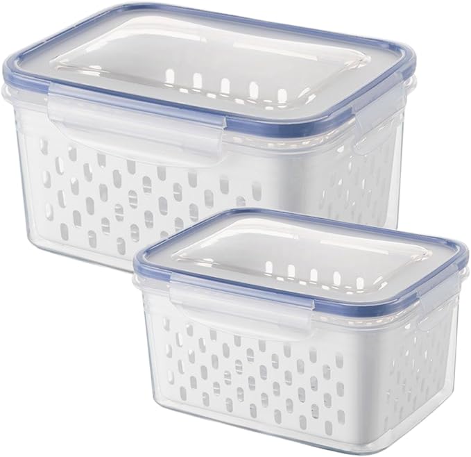 2pcs Fruit Storage Containers for Fridge, Leakproof Food Storage Containers with Removable Colander Airtight Food Storag-e Container Keep Produce Vegetables Berr-y Fresh Longer(COLOR:Clear White)