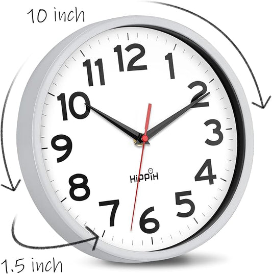 HIPPIH Wall Clock 2 Pack, 10 Inch Modern Wall Clocks Battery Operated, Non Ticking Silent Clock, Simple Small Analog Clocks for Living Room, Bedroom, School, Office Decor, Silver