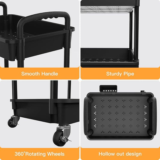 4 Tier Rolling Utility Cart with Handle,REBECAT Utility Cart Made of Multifunctional Storage Organizer Tool for Kitchen,Bathroom,Living Room,Office(Black)