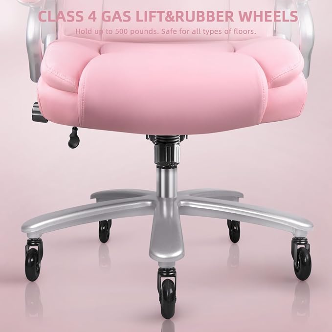 VITESSE 500lbs Heavy Duty Office Chair for Low Back Pain Relief, Big and Tall Office Chair with Ergonomic Lumbar Support, High Back Executive Chair with Quiet Rubber Wheel(Pink)