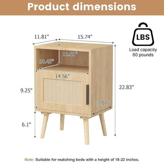 Rattan Nightstand with Storage, Side Table for Bedroom Living Room Dorm, Modern Bedside End Table with Open Shelf, Solid Wood Legs,Oak