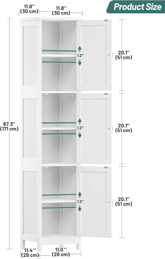 Tall Narrow Bathroom Storage Cabinet, 3-Tier Slim Storage Cabinet with Adjustable Shelves and 3 Doors, Linen Cabinet for Bathrooms, Living Room, Laundry Room, Kitchen, White