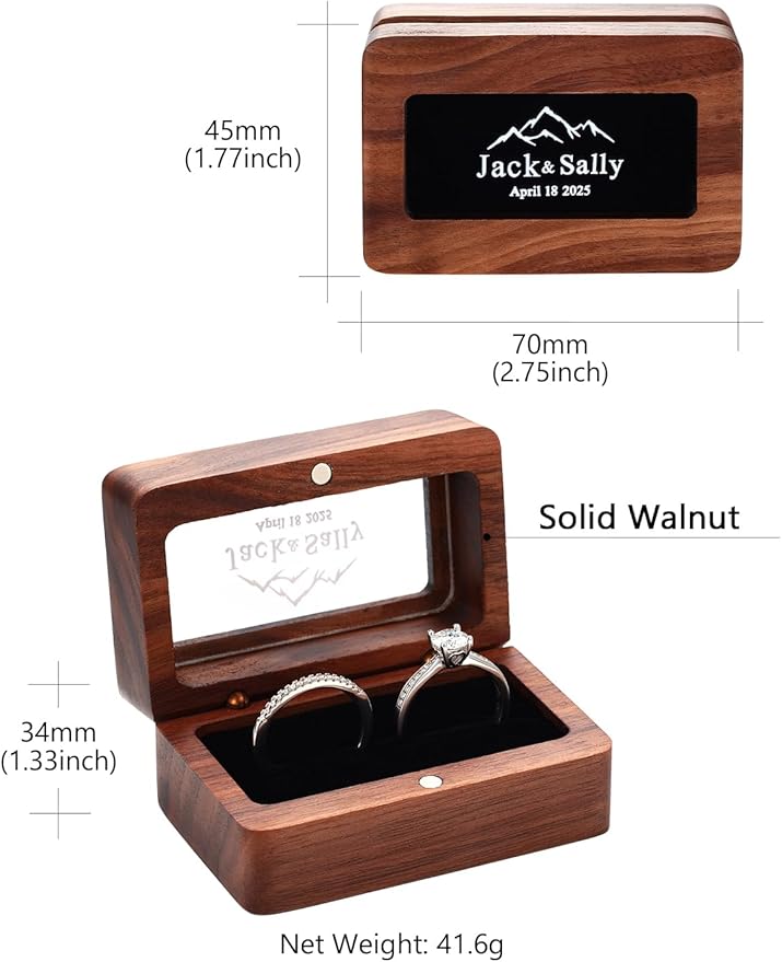 Custom4U Personalized Name Wooden Ring Box 2 Slots Vintage Rustic Ring Holder Box for Wedding Ceremony Rectangle Storage Jewelry Box for Women
