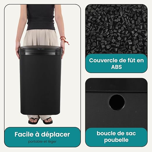BestOffice | 13 Gallon Trash Can with Lid | Automatic Touchless Garbage Can | Odor Control | Modern Oval Design | Easy to Clean | Plastic | Black | Fits Any Kitchen, Bathroom, Office or Home