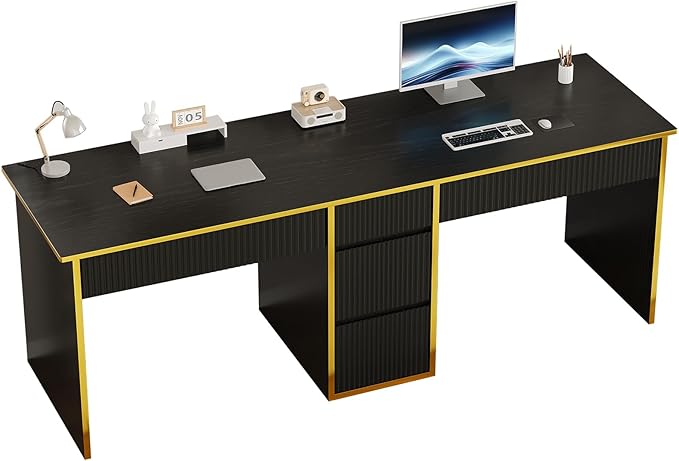 4 EVER WINNER 78.72‘’ Extra Long Black Desk with Drawers, 2 Person Desk with 5 Storage Drawers, Computer Desk with Storage Shelves,Double Desks Workstation with Shelf for Home Office, Black